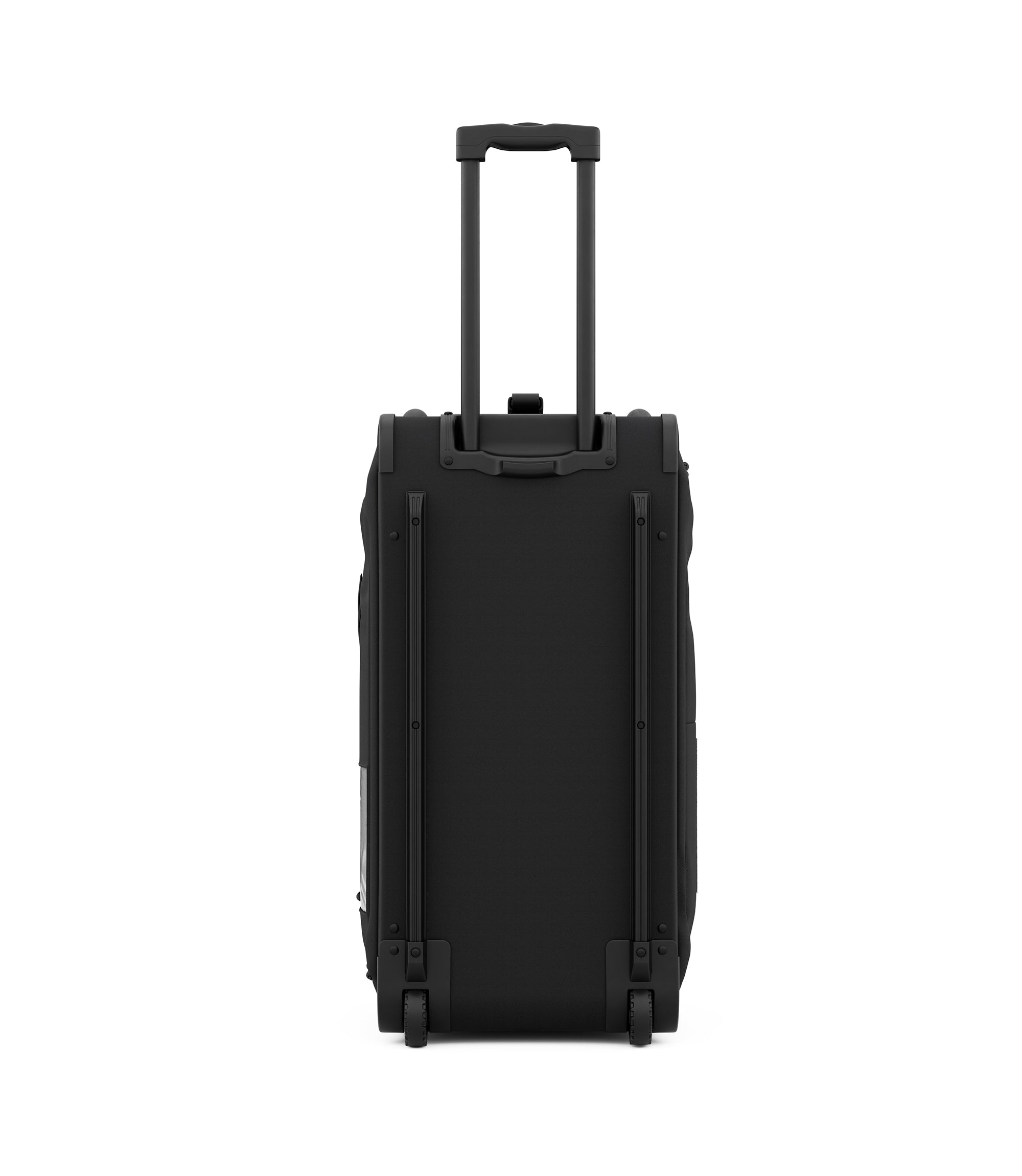 Bottom of black Specialist Rolling Duffle showing reinforced base, wheels and telescoping handle |color_black