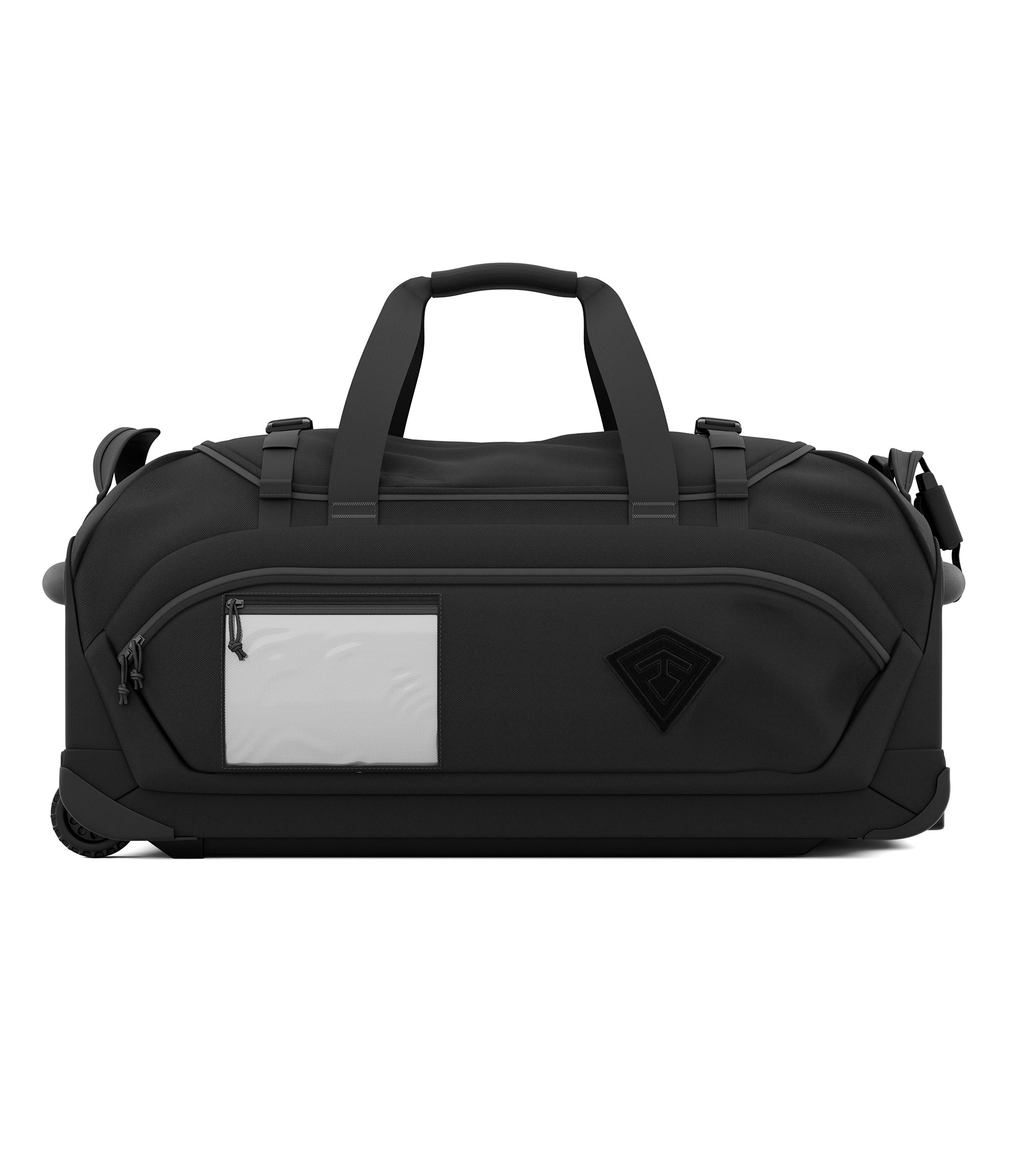 Side view of black Specialist Rolling Duffle with logo and clear identification pocket |color_black