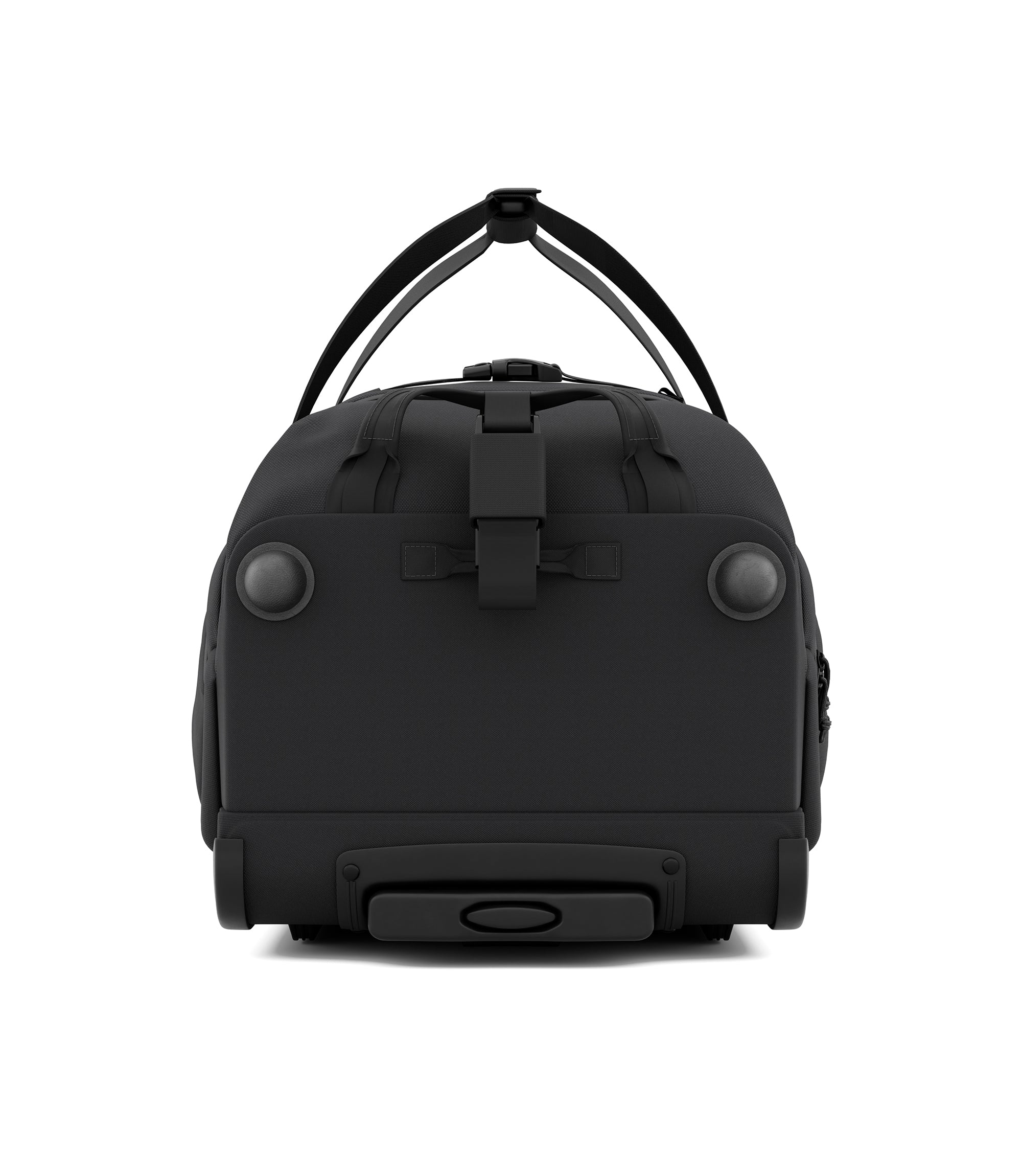 End view of black Specialist Rolling Duffle showing telescoping handle, grab handle, and daisy chain strap |color_black