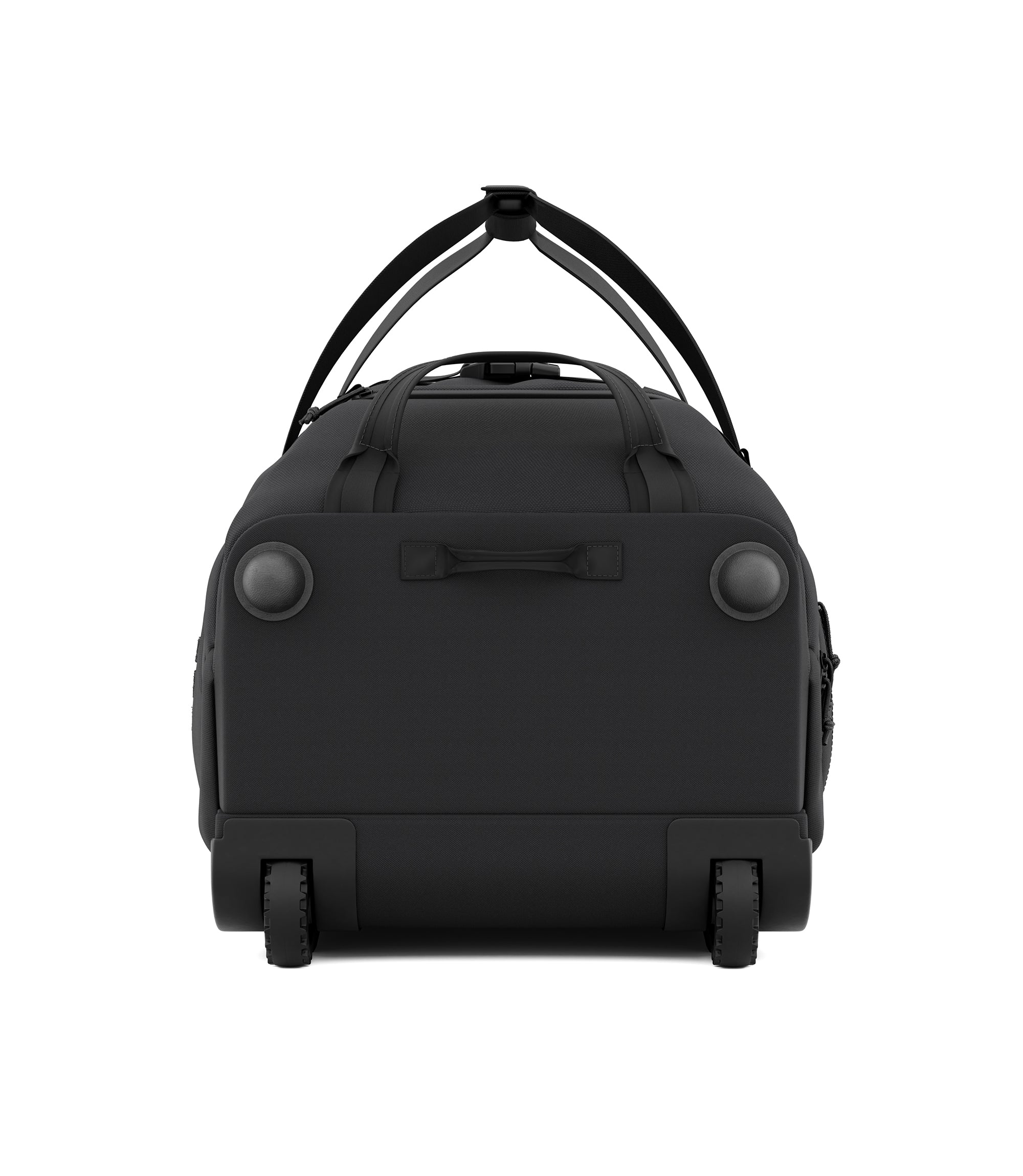 Wheel-end view of black Specialist Rolling Duffle with integrated rolling wheels |color_black