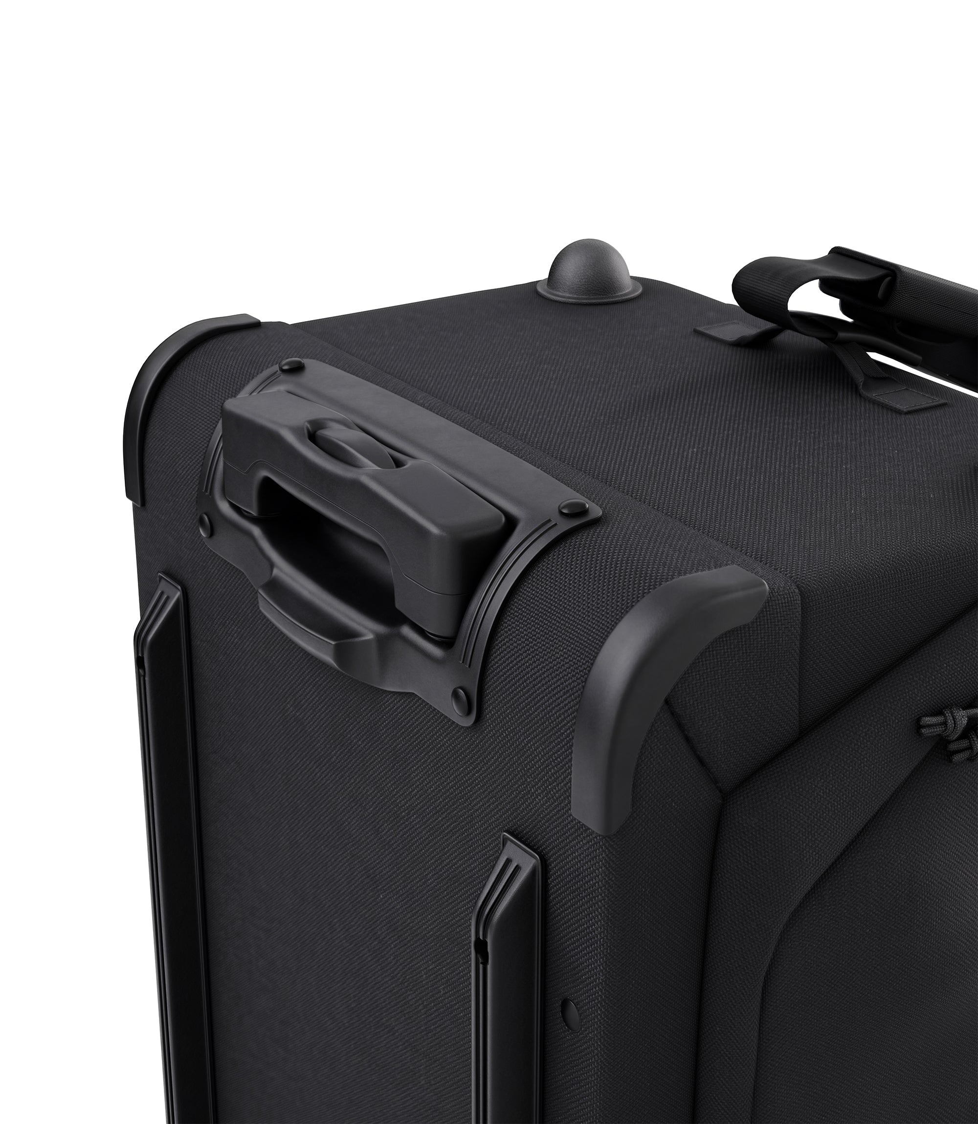 Close-up of reinforced telescoping handle on black Specialist Rolling Duffle |color_black