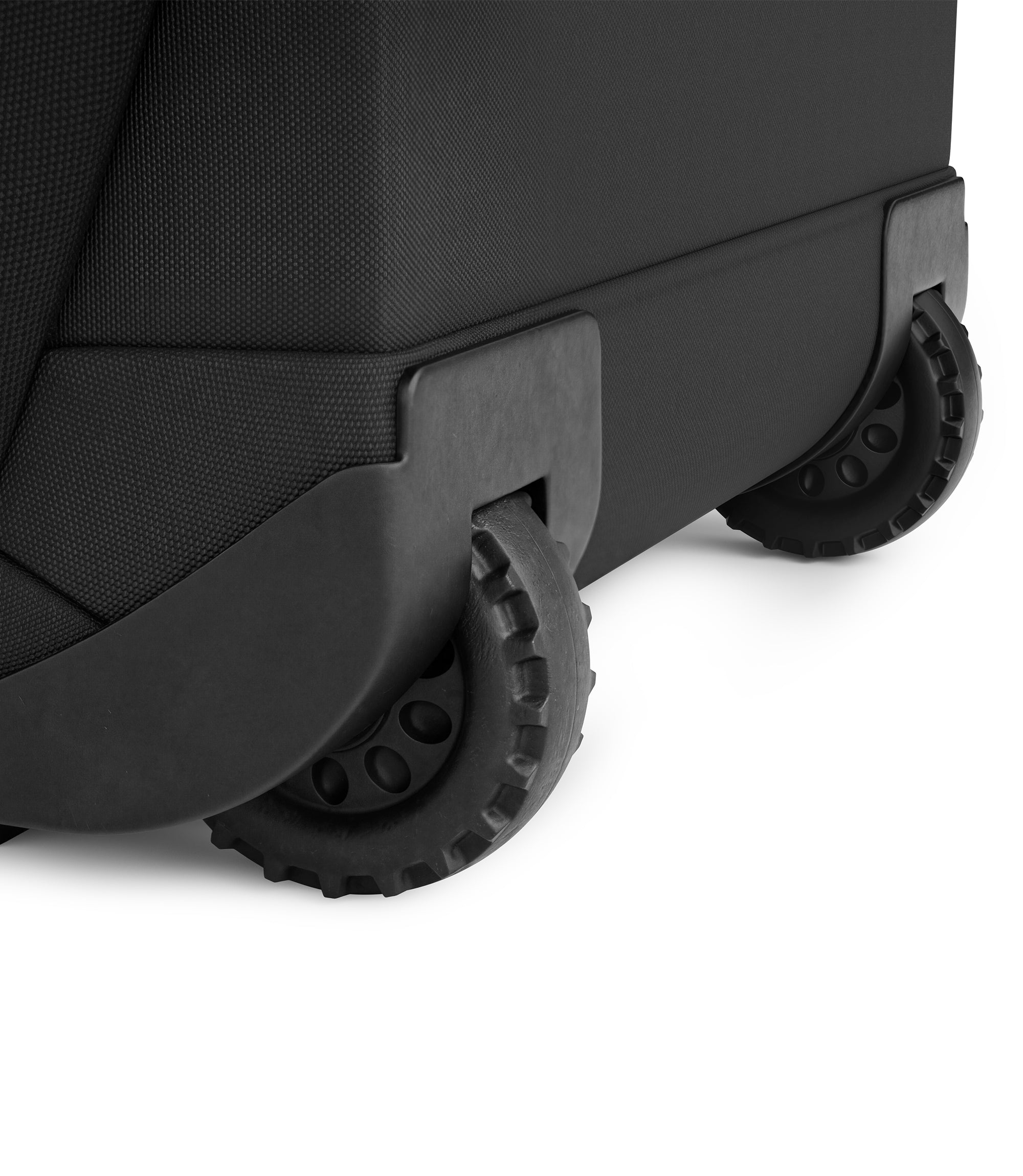 Close-up of rugged wheels and reinforced corner protection on black Specialist Rolling Duffle |color_black