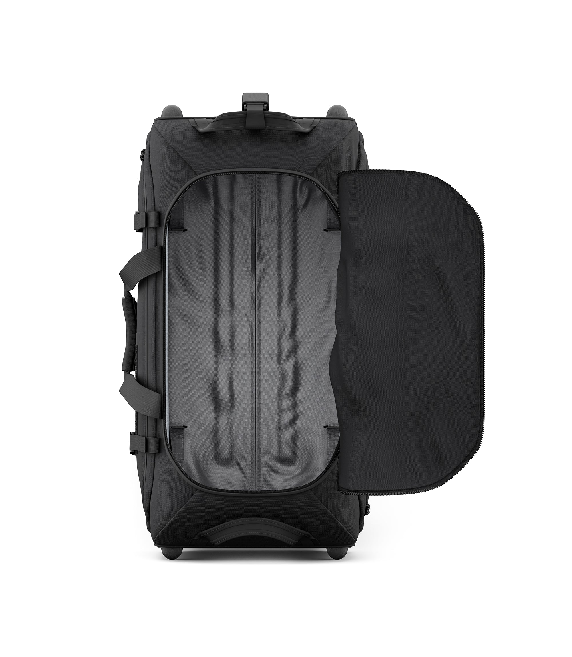 Black Specialist Rolling Duffle opened to show the full-length main compartment |color_black