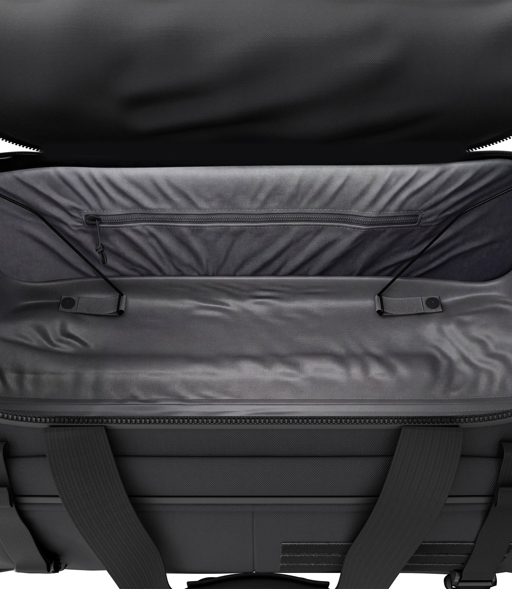 Interior of black Specialist Rolling Duffle main compartment with zippered storage pocket |color_black