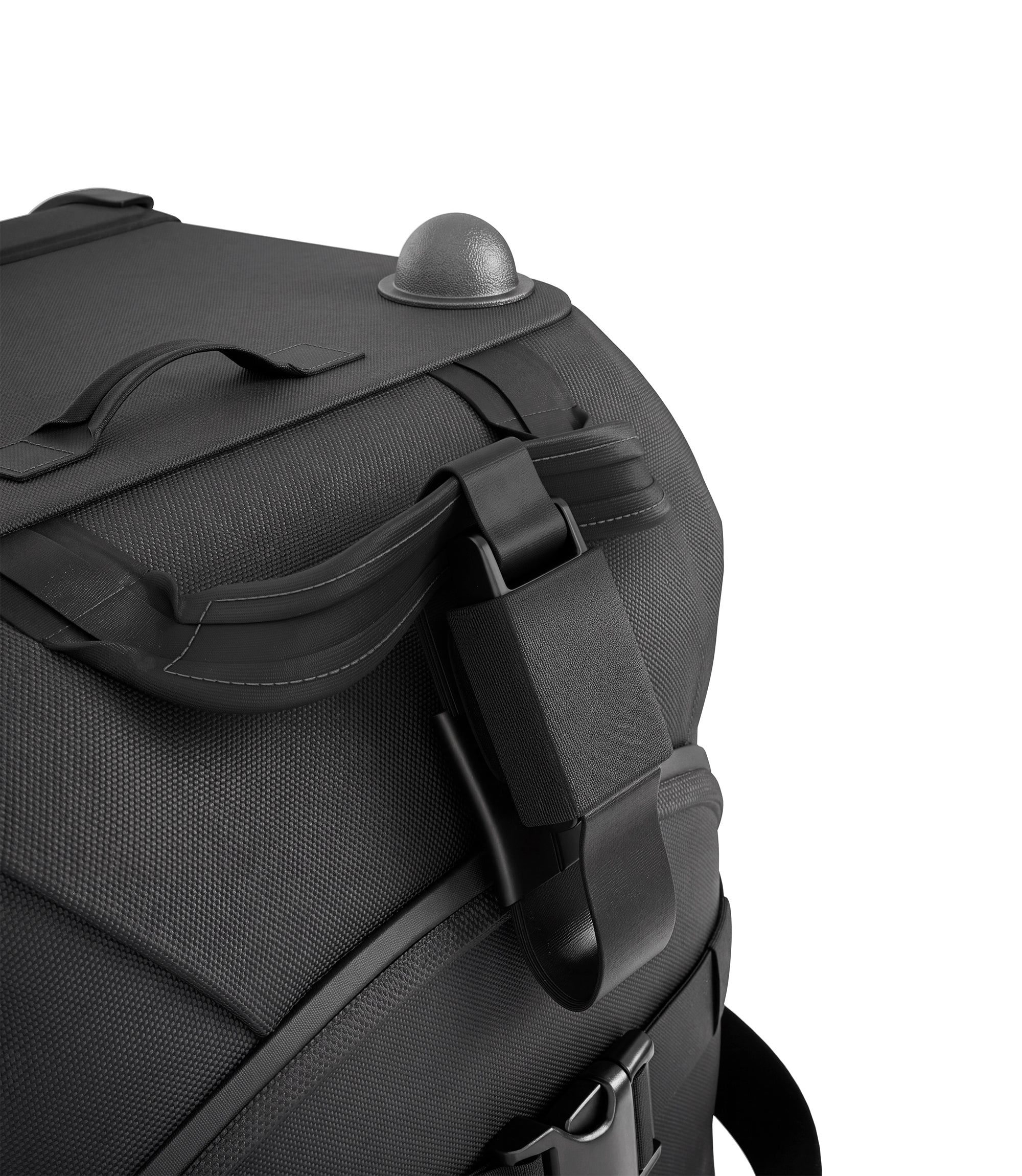 Close-up of grab handle and daisy chain strap attachment on black Specialist Rolling Duffle |color_black