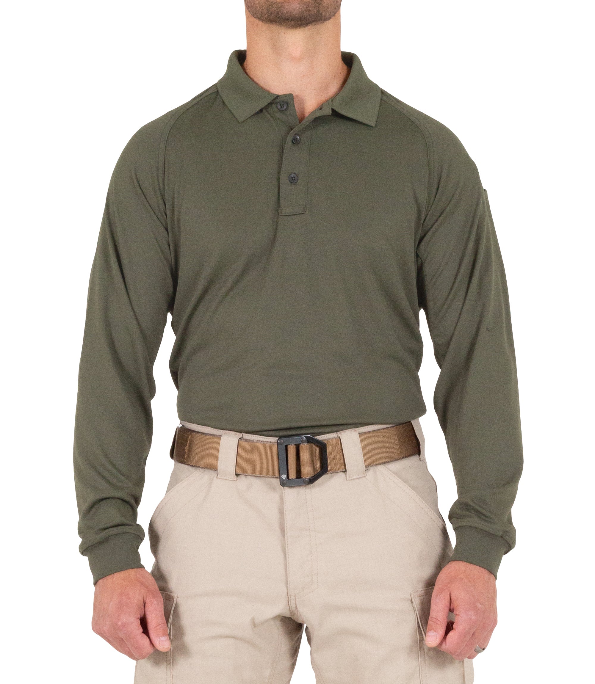 Front of Men's Performance Long Sleeve Polo in OD Green |color_od green