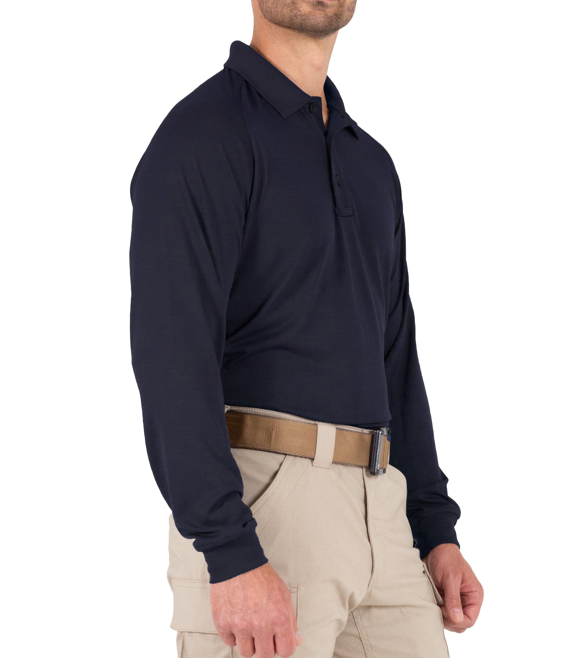 Side of Men's Performance Long Sleeve Polo in Midnight Navy |color_midnight navy