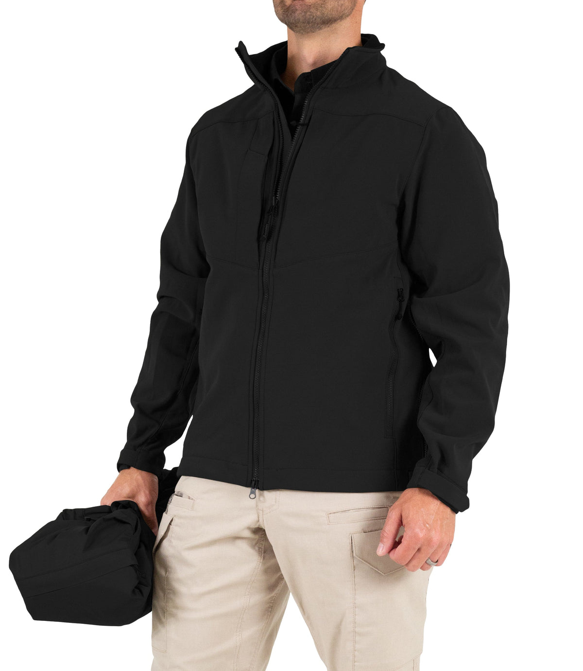 Side Front View Softshell Jacket for Mens Tactix System Parka in Black |color_black
