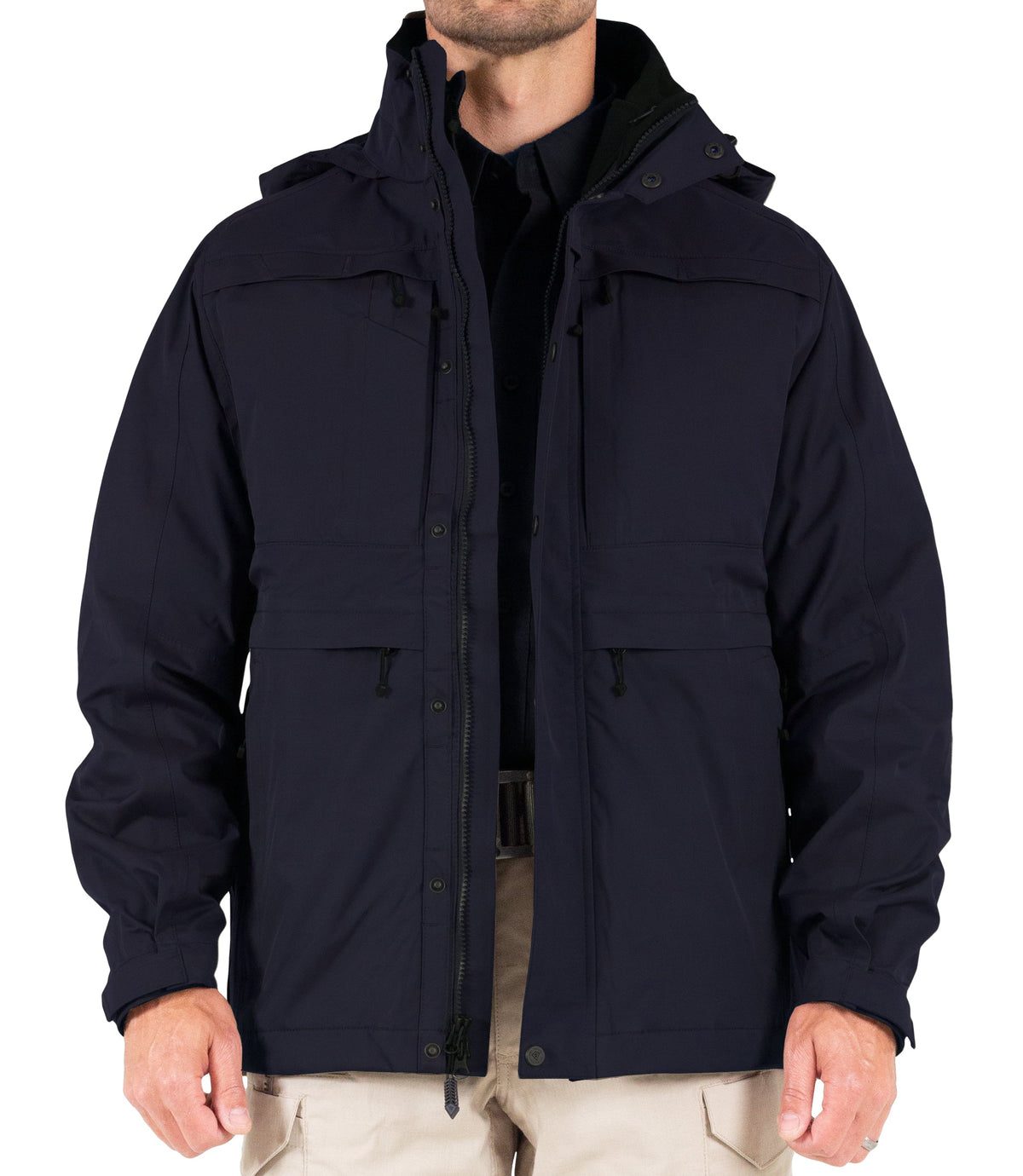 Front of Mens Tactix System Parka in Midnight Navy Unzipped  |color_midnight navy