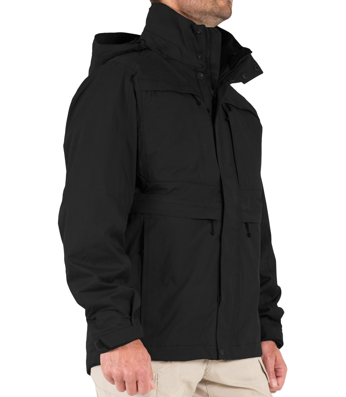 Side Front View of Mens Tactix System Parka in Black |color_black