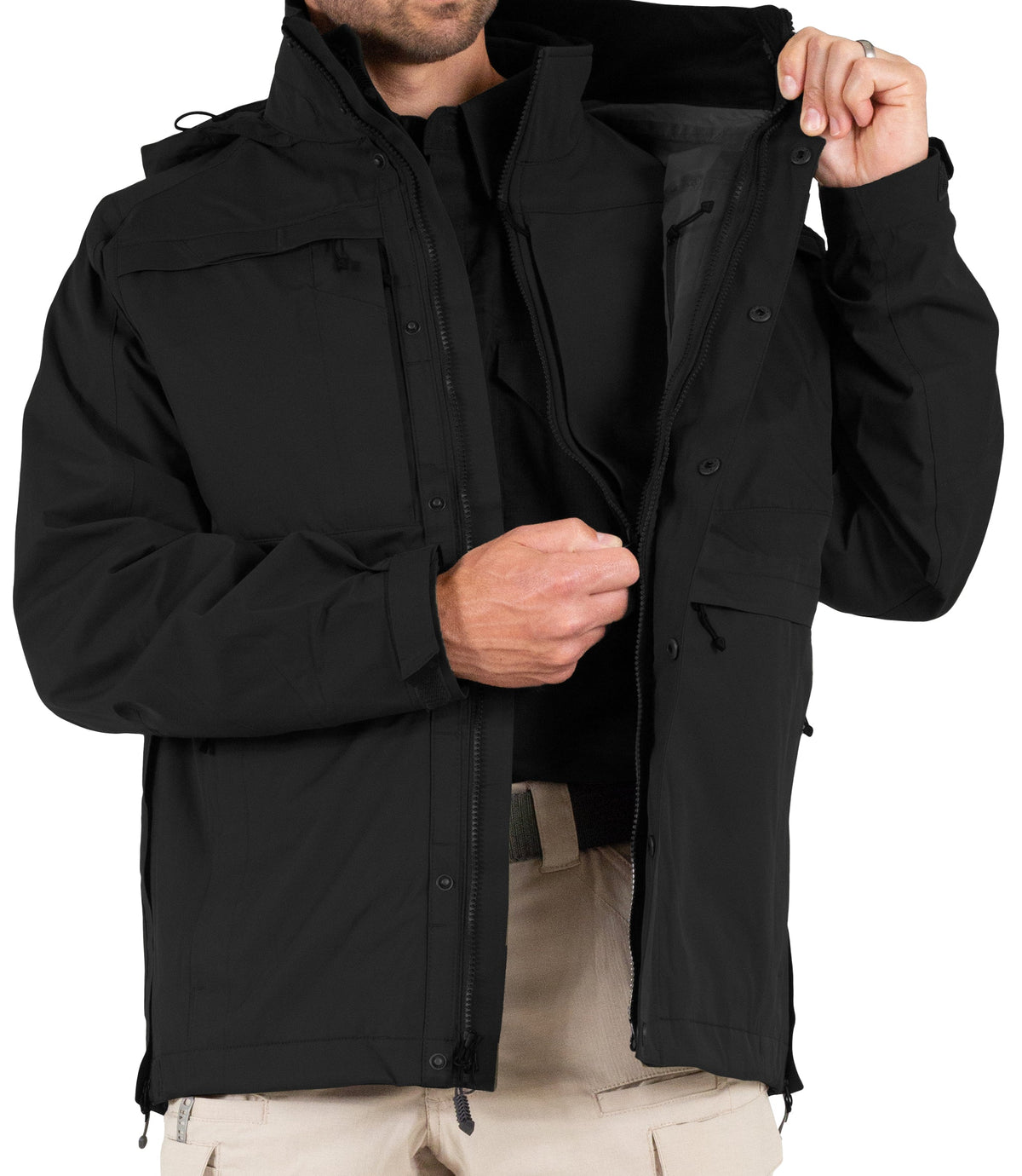 Front View of Softshell Jacket Zipper for Mens Tactix System Parka in Black |color_black
