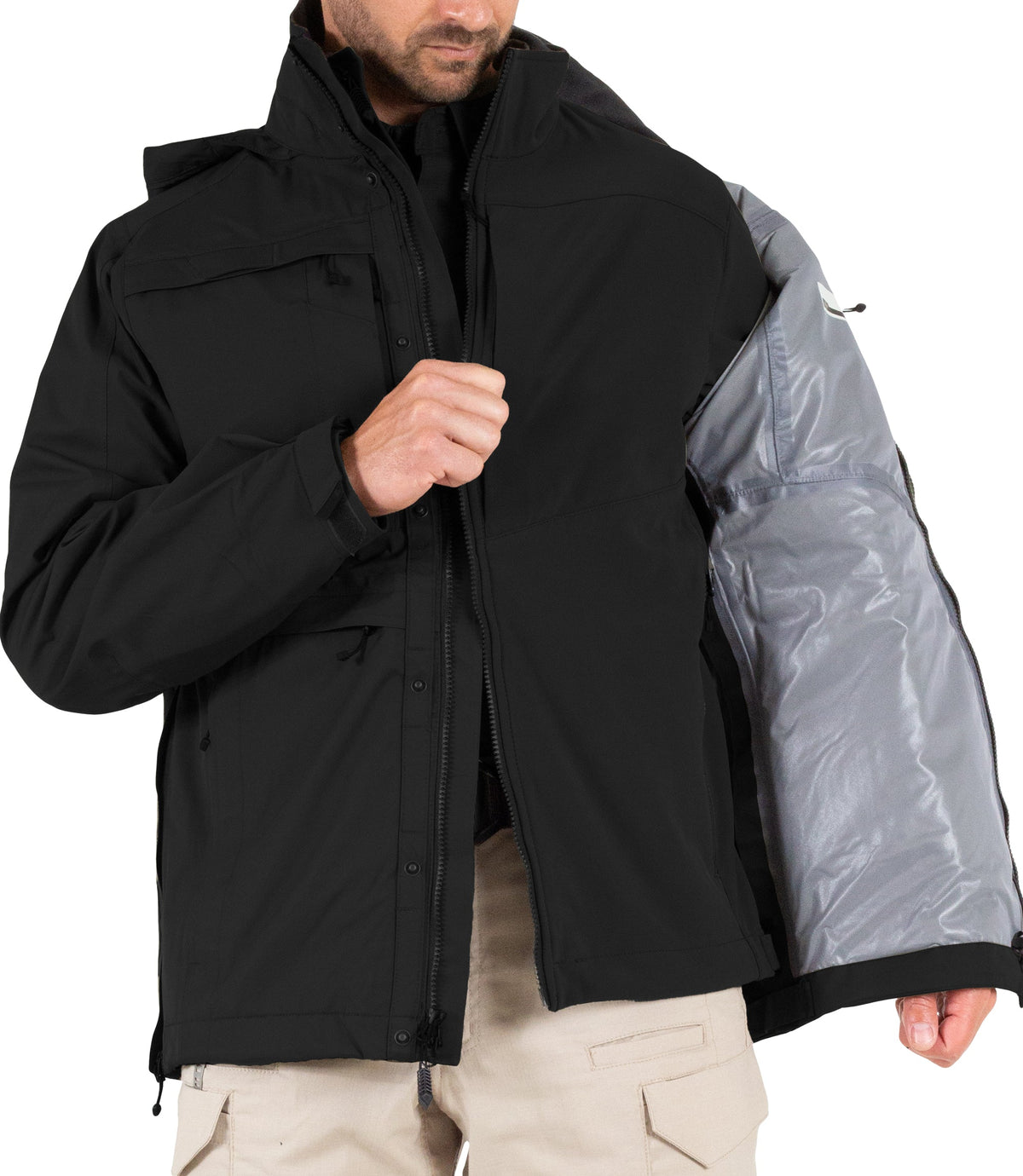 Front View of Softshell Jacket Zipper for Mens Tactix System Parka in Black |color_black