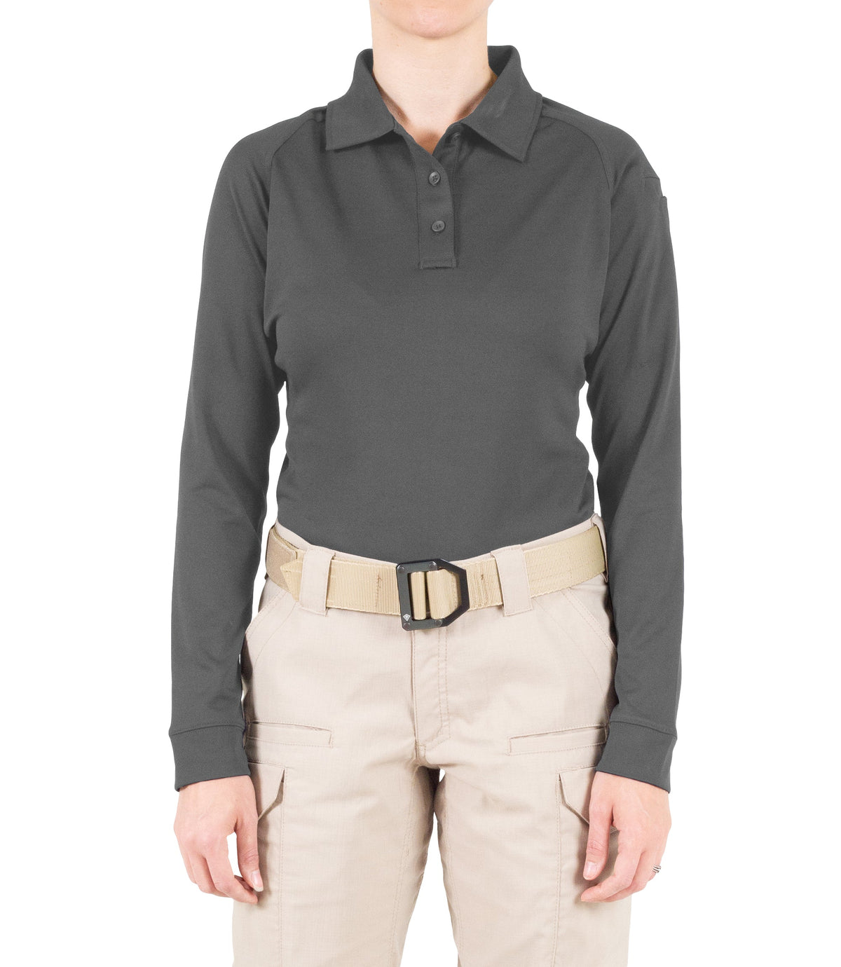 Front of Women's Performance Long Sleeve Polo in Wolf Grey |color_wolf grey