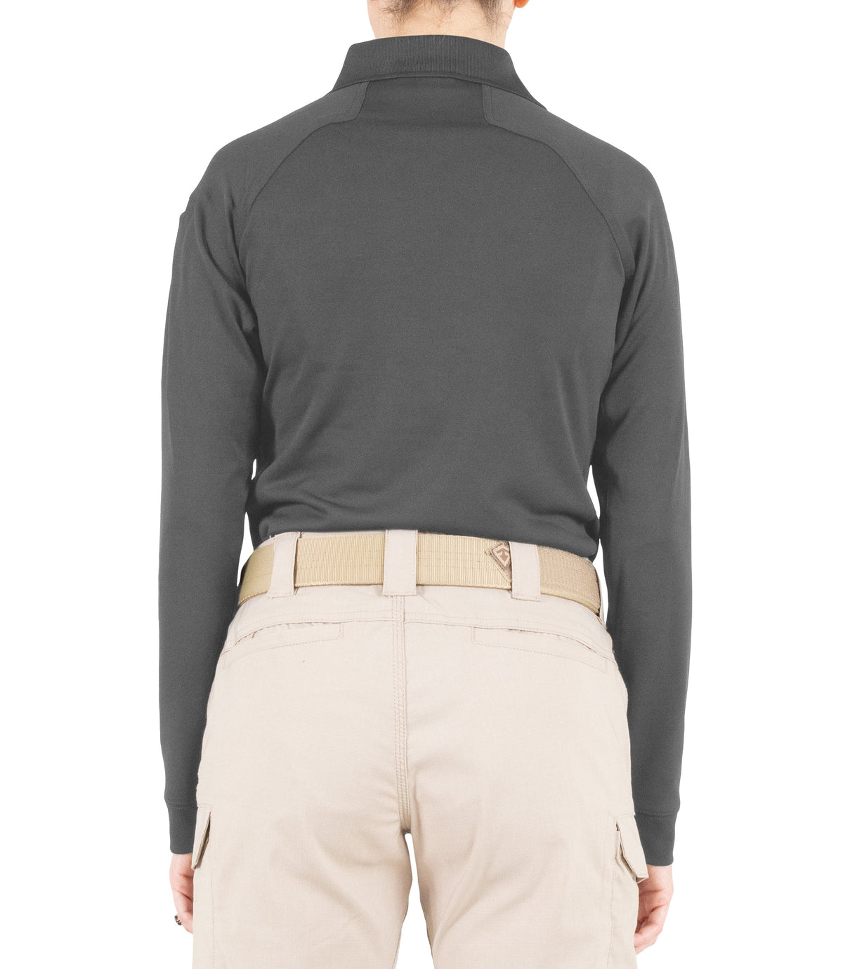 Back of Women's Performance Long Sleeve Polo in Wolf Grey |color_wolf grey