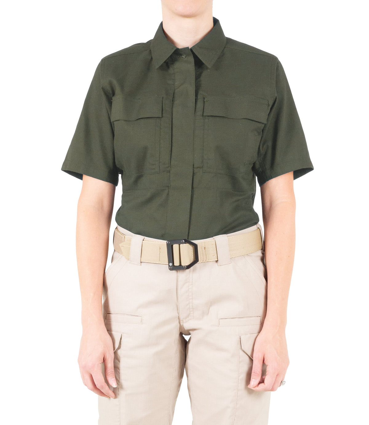 Front of Women's V2 BDU Short Sleeve Shirt in OD Green |color_od green