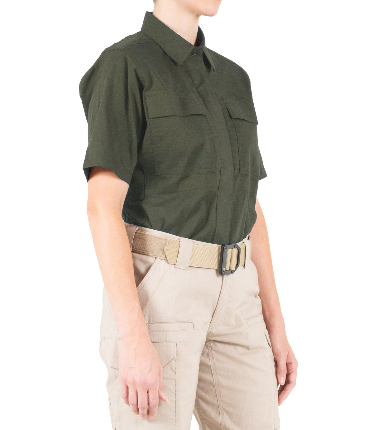 Side of Women's V2 BDU Short Sleeve Shirt in OD Green |color_od green