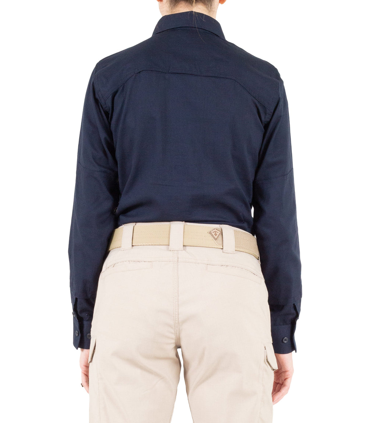 Back of Women's V2 Tactical Long Sleeve Shirt in Midnight Navy |color_midnight navy