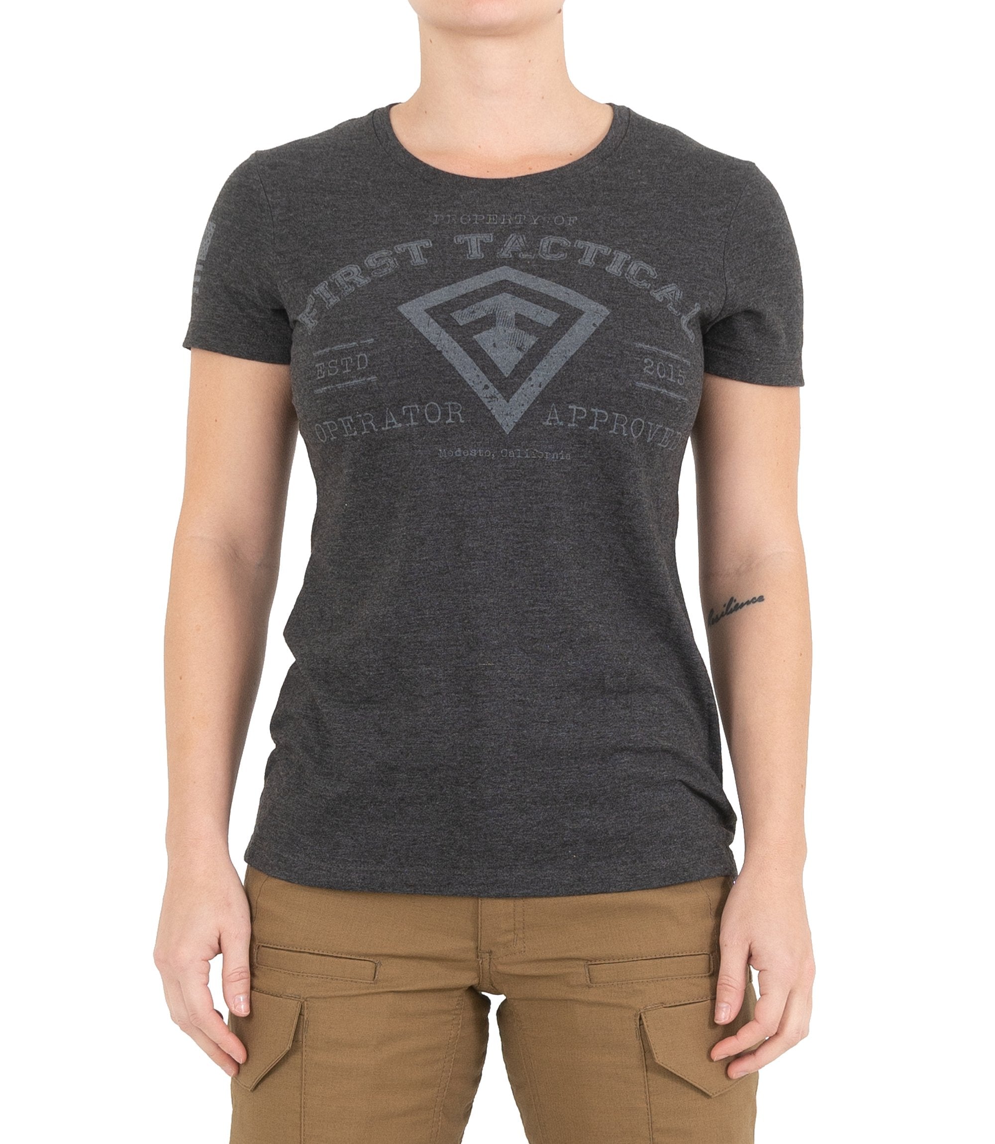 Front of Women's Operator Approved T-Shirt in Charcoal Heather