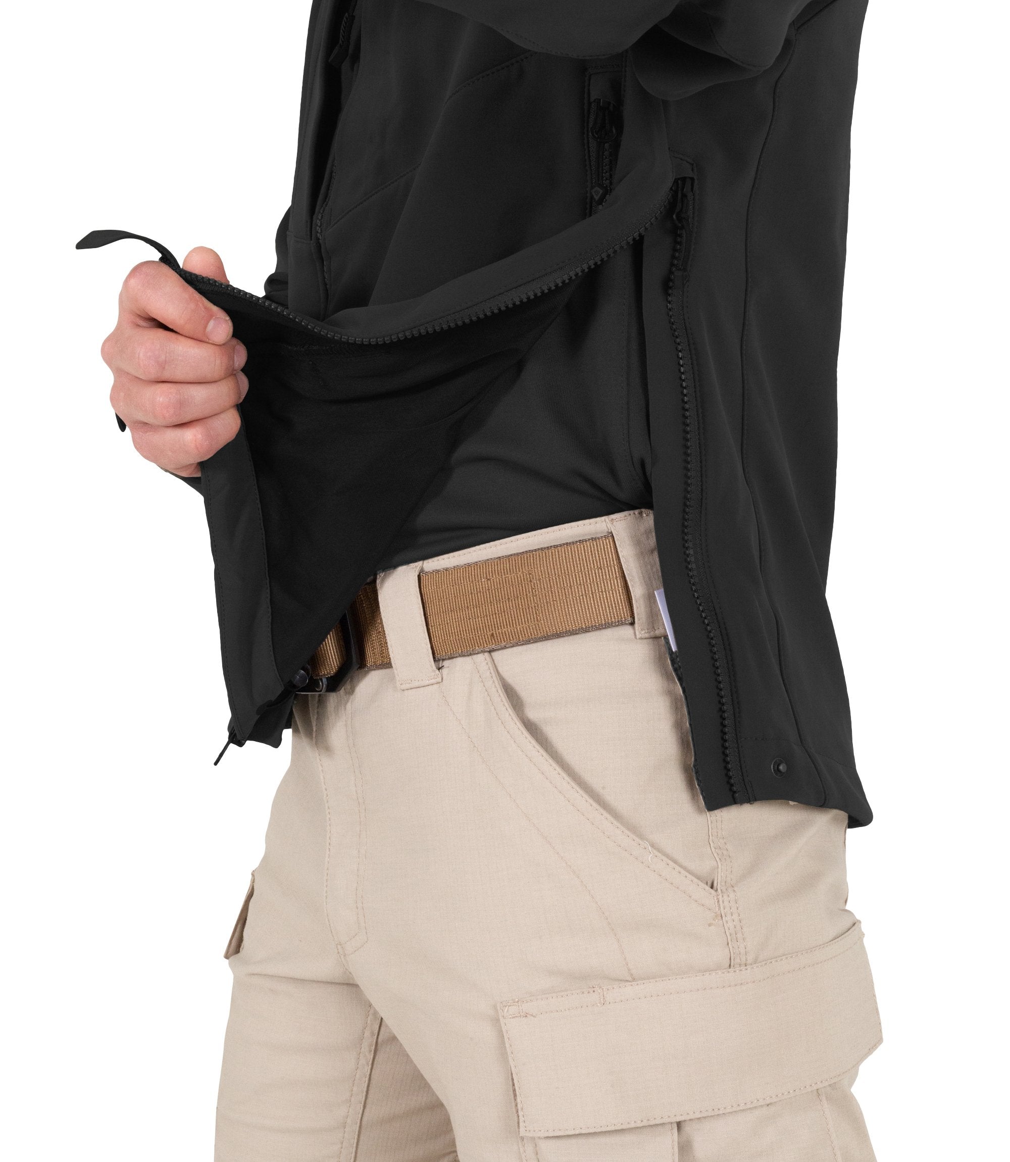 Side Zip of Men's Tactix Softshell Jacket in Black |color_black